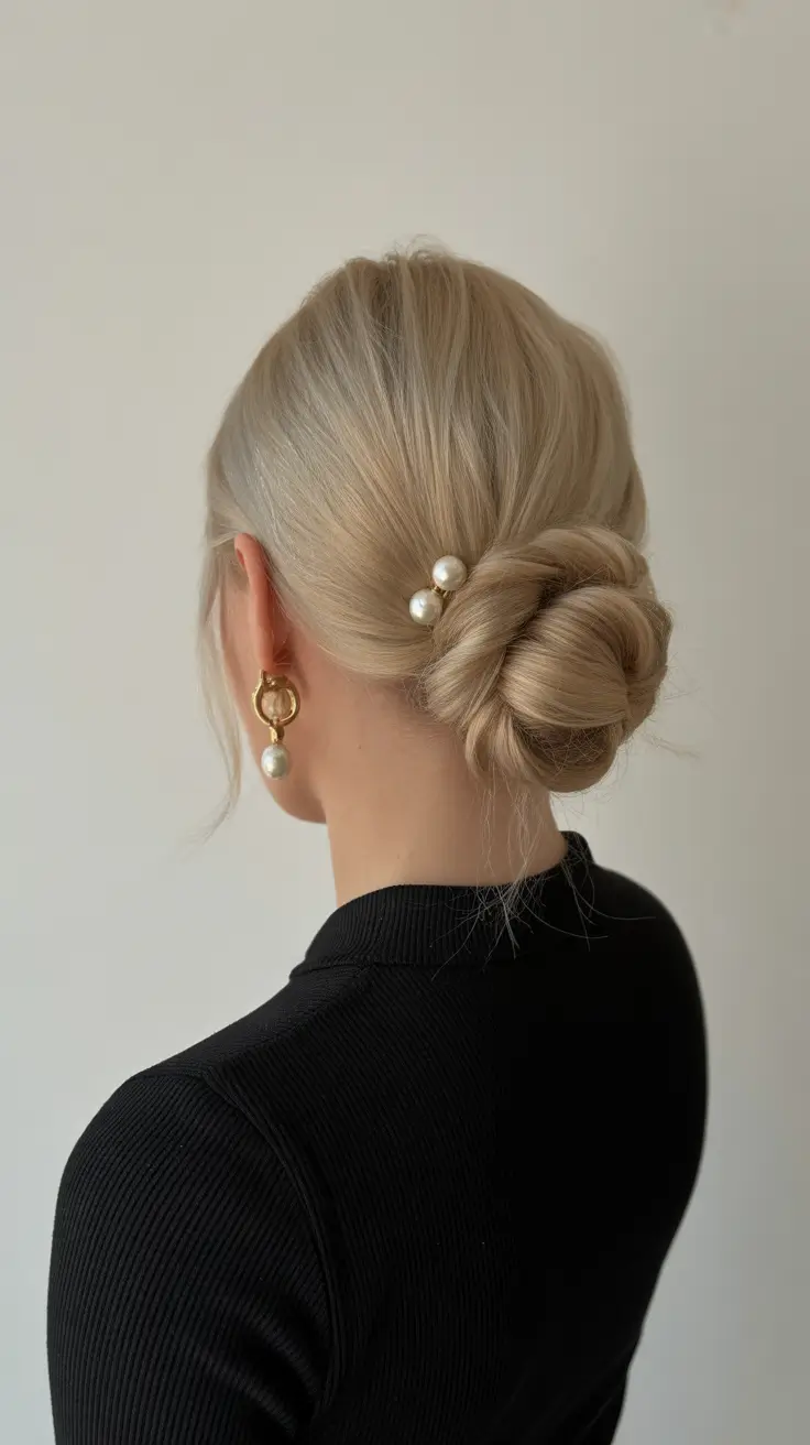 Quick hairstyle ideas 2026 Elegant Twisted Low Bun with Pearl Detail