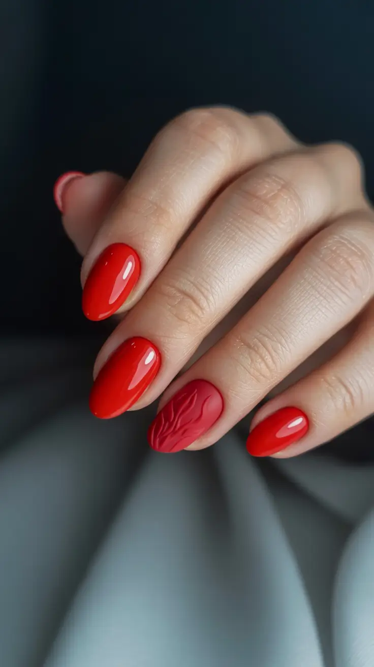 short almond nail designs 2026 Bold Scarlet Almonds with a Velvety Accent