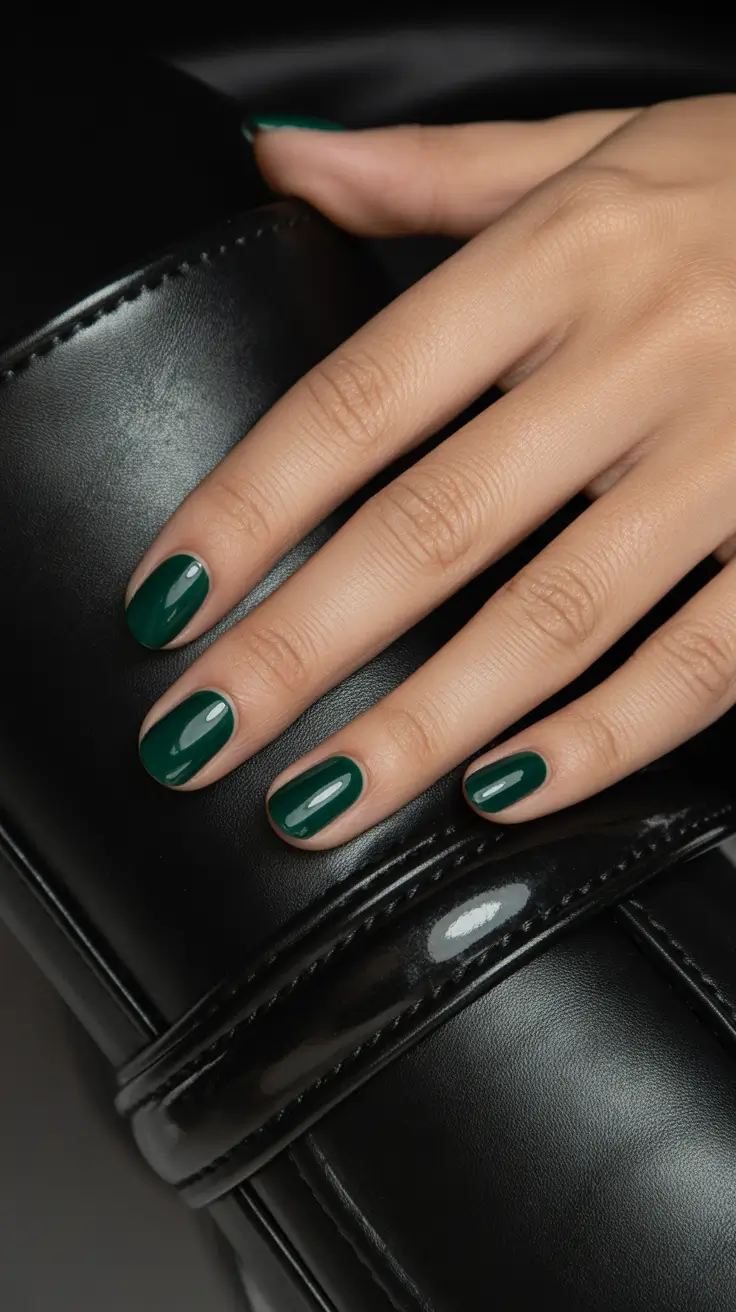 short almond nail designs 2026 Deep Emerald Polish for Moody Elegance