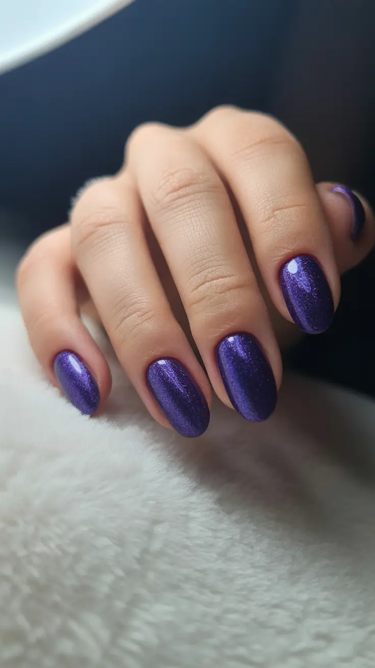 short almond nail designs 2026 Midnight Purple Sparkle for Bold Night-Out Energy