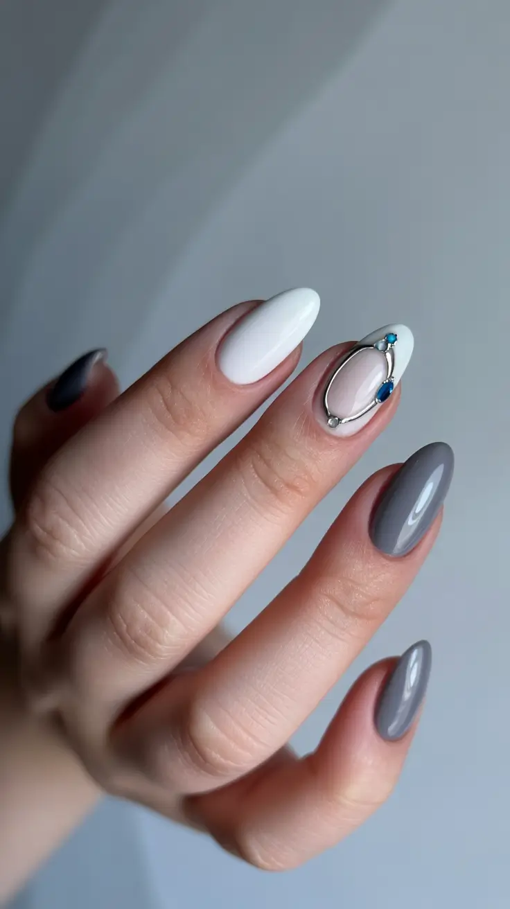 short almond nail designs 2026 Modern Minimalism With Grey White and Jewel Accents