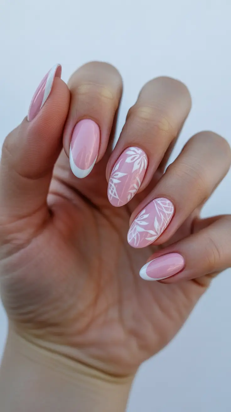short almond nail designs 2026 Soft Pink French With Delicate Leaf Art