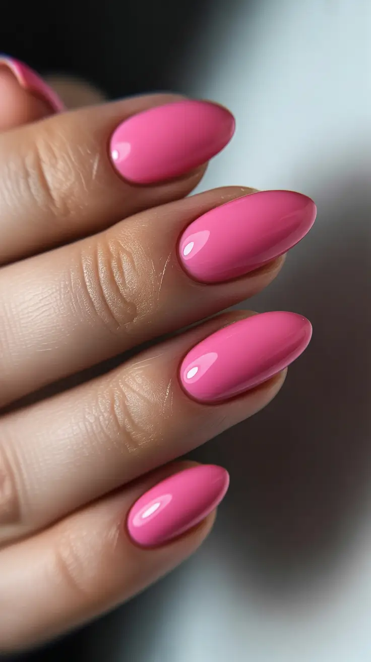short almond nail designs 2026 Glossy Hot Pink Almonds for Bold Summer Color