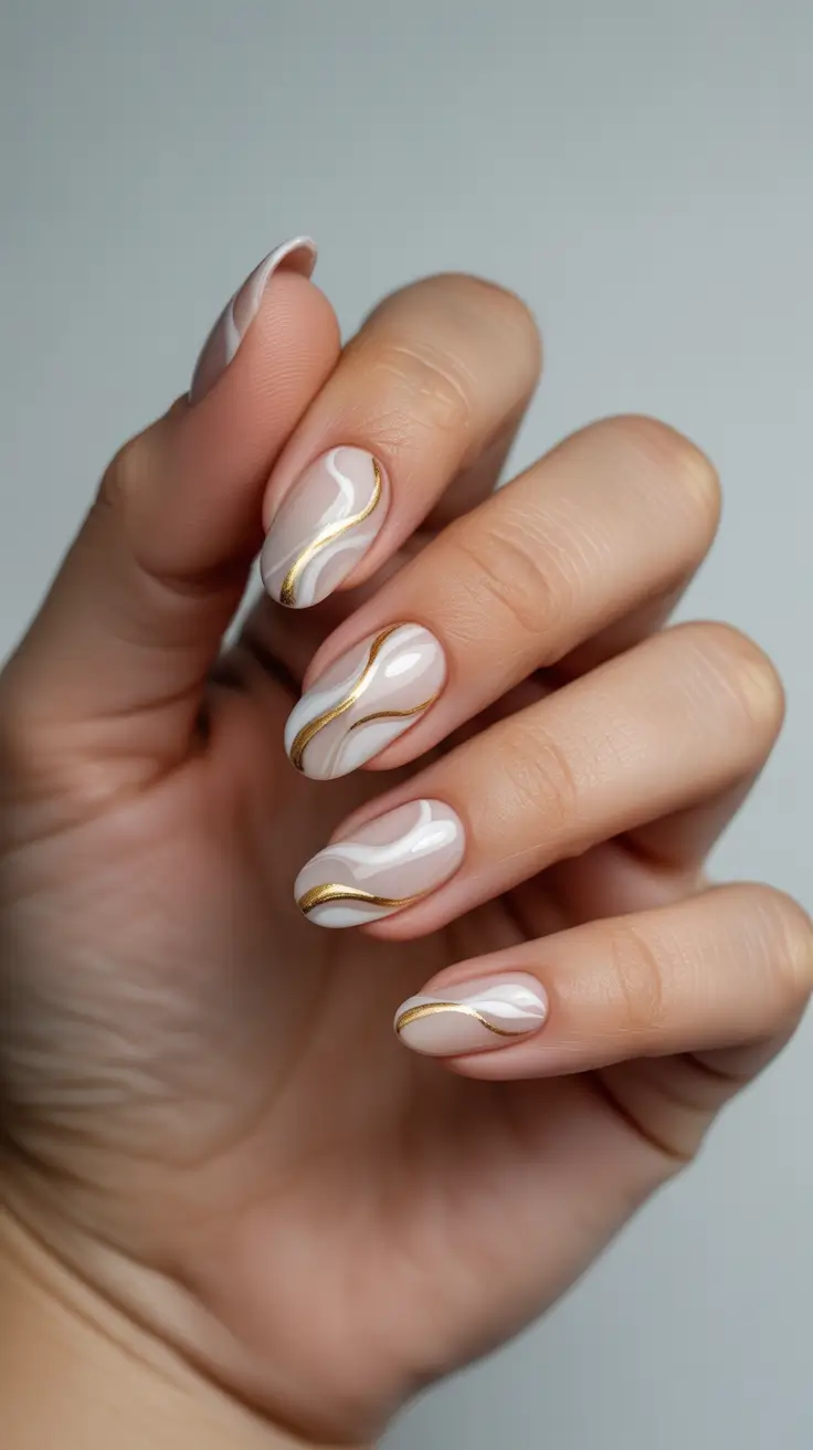 short almond nail designs 2026 White and Gold Fluid Lines for Soft Luxe Movement