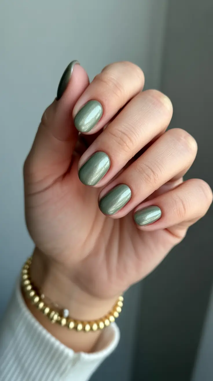 short almond nail designs 2026 Earthy Iridescent Green for a Modern Metallic Moment
