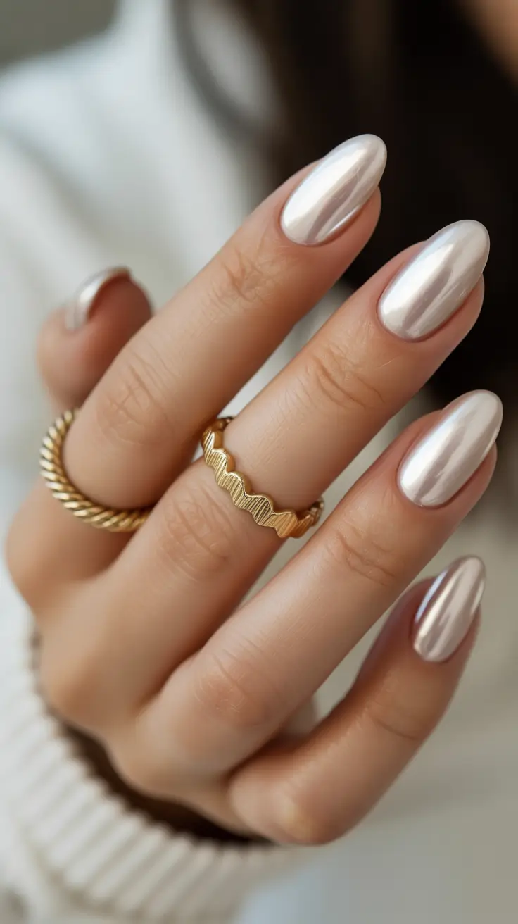 short almond nail designs 2026 Mirror-Gloss Pearl Chrome for a Sleek 2026 Glow
