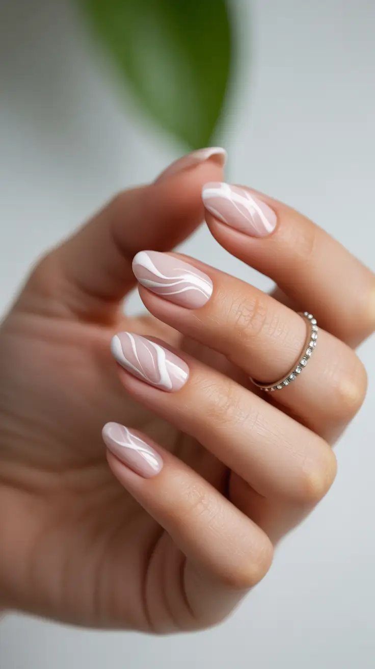 short almond nail designs 2026 Soft Wave Lines in Glossy White