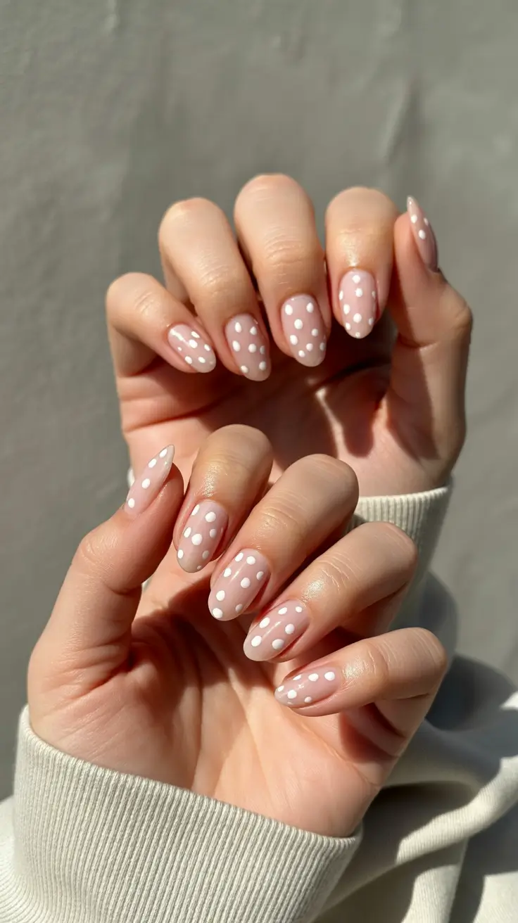 short almond nail designs 2026 Soft Pink Polka Dots for a Fresh Spring Mood