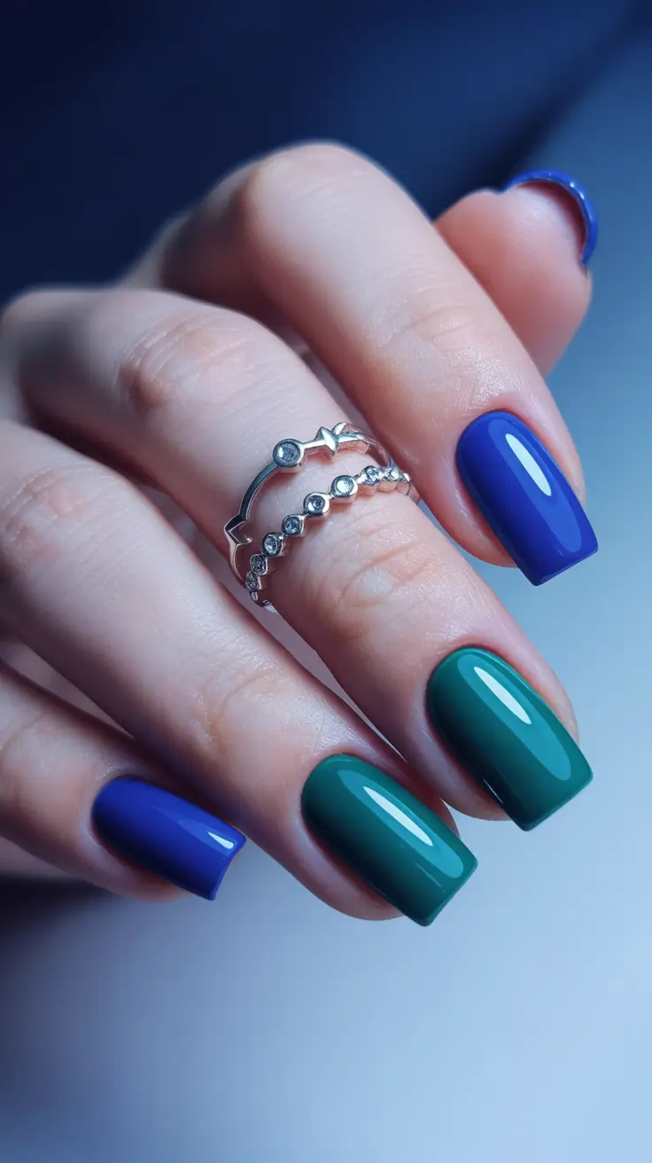 short nail designs 2026 Deep Blue and Teal Color-Block Confidence