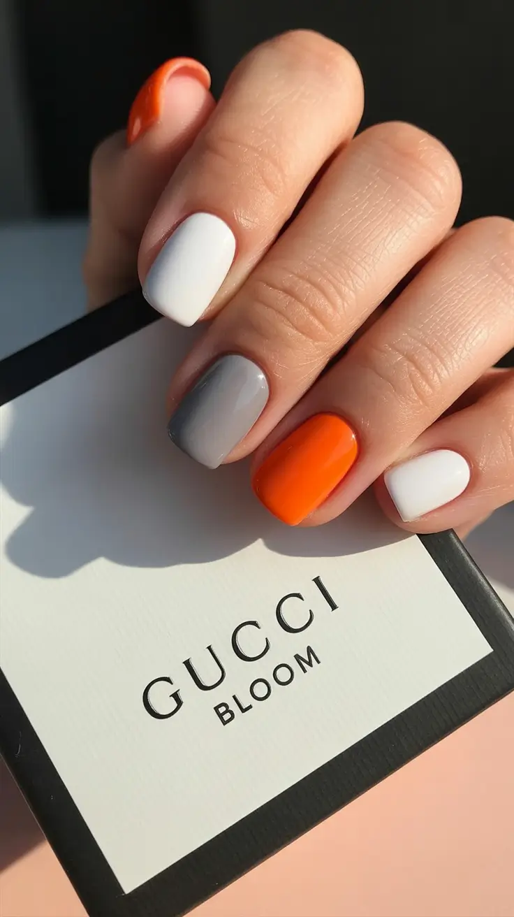 short nail designs 2026 Bright Citrus and Cool Gray Color Mix