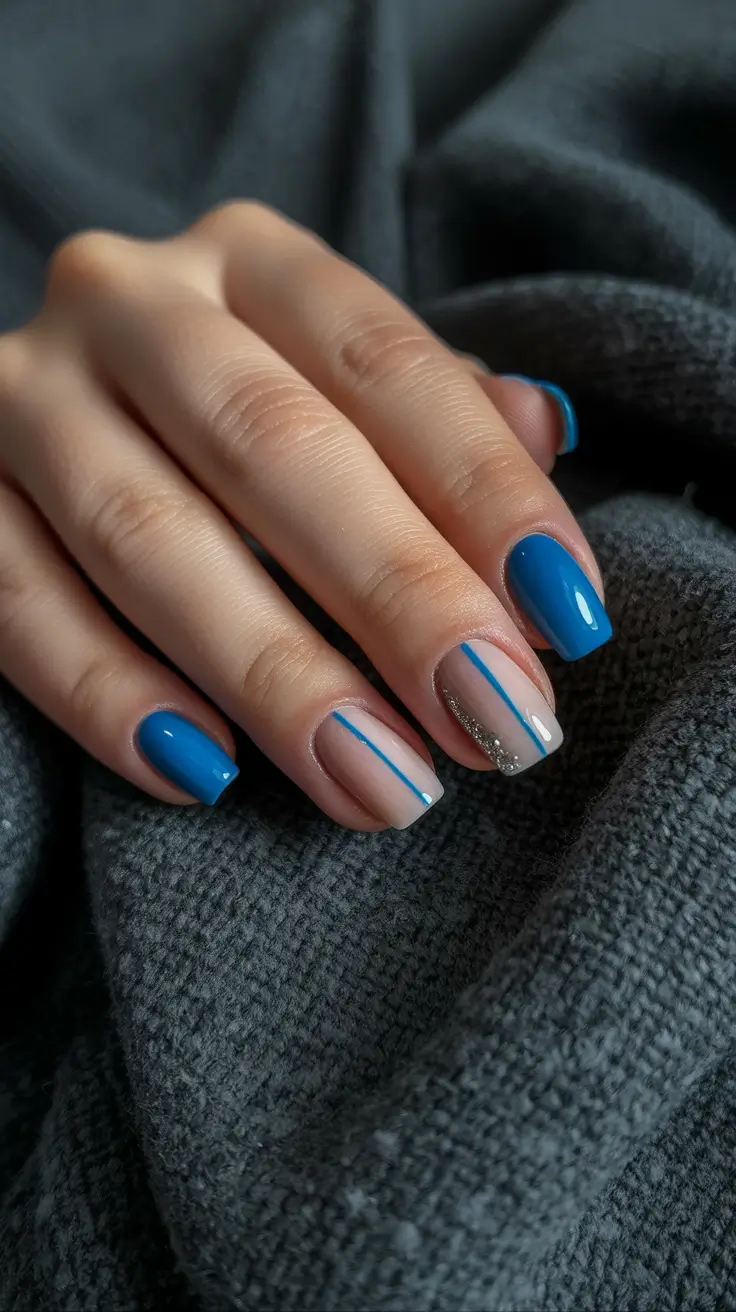 short nail designs 2026 Blue Streamlined Lines and Geometric Detail