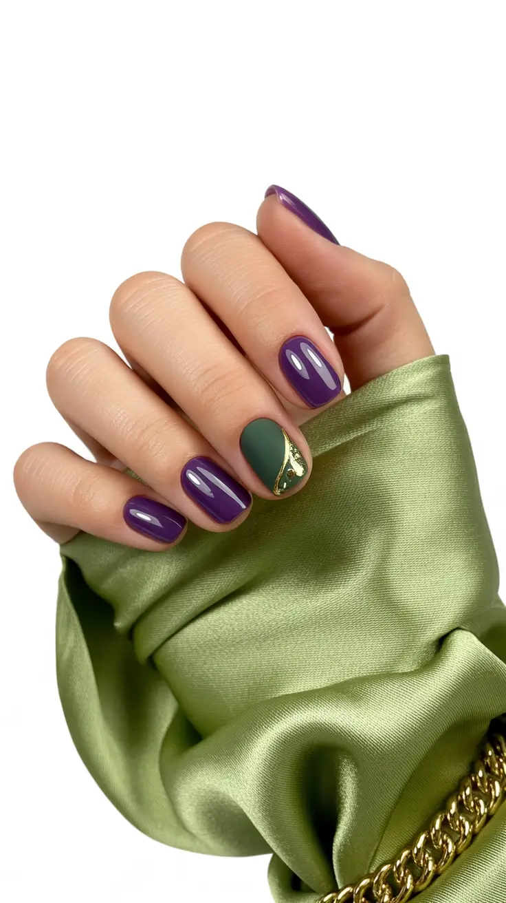 short nail designs 2026 Deep Plum With Moss Green and Gold Accent Curve