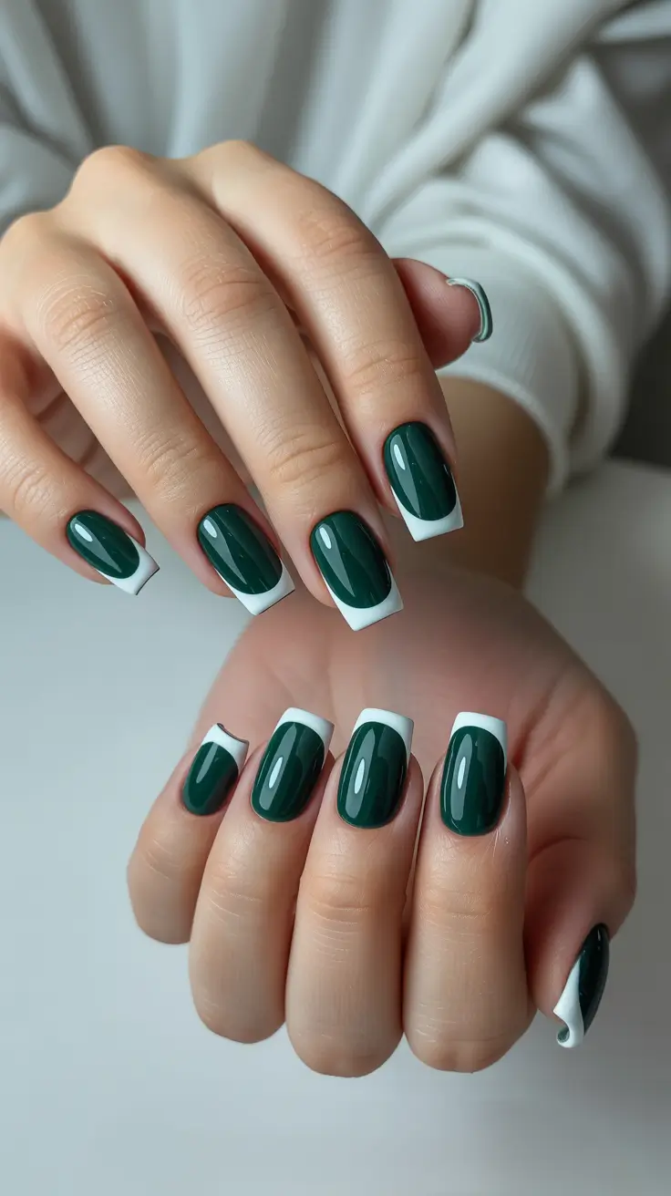 short nail designs 2026 Deep Forest French With Crisp White Edges