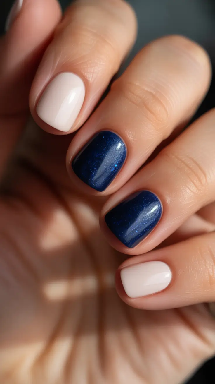 short nail designs 2026 Navy Sparkle Accents With Soft Cream Neutrals