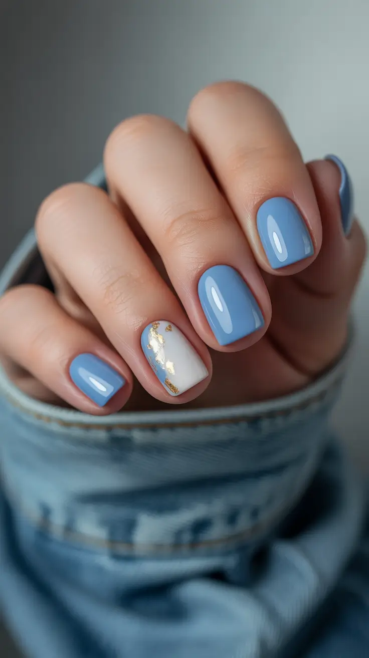 short nail designs 2026 Blue Serenity With Gold Leaf Detail