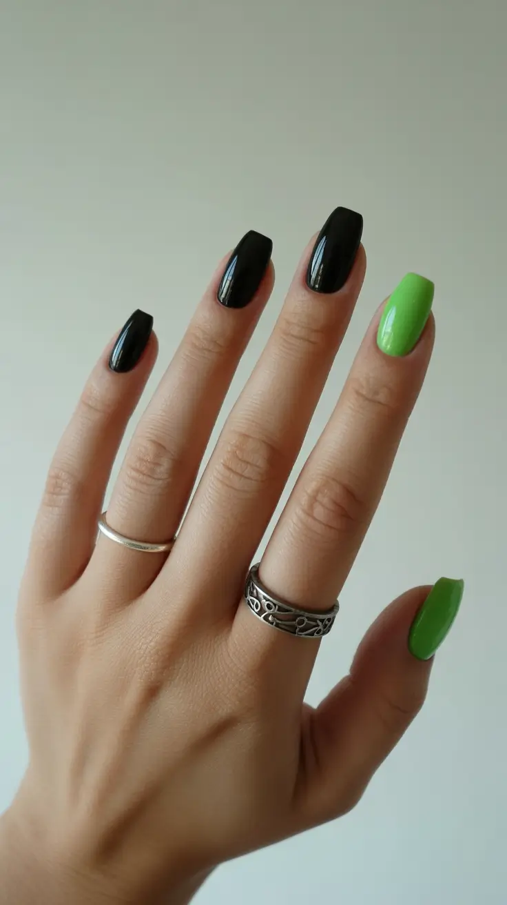 short nail designs 2026 Midnight Black Paired With Neon Green Boldness