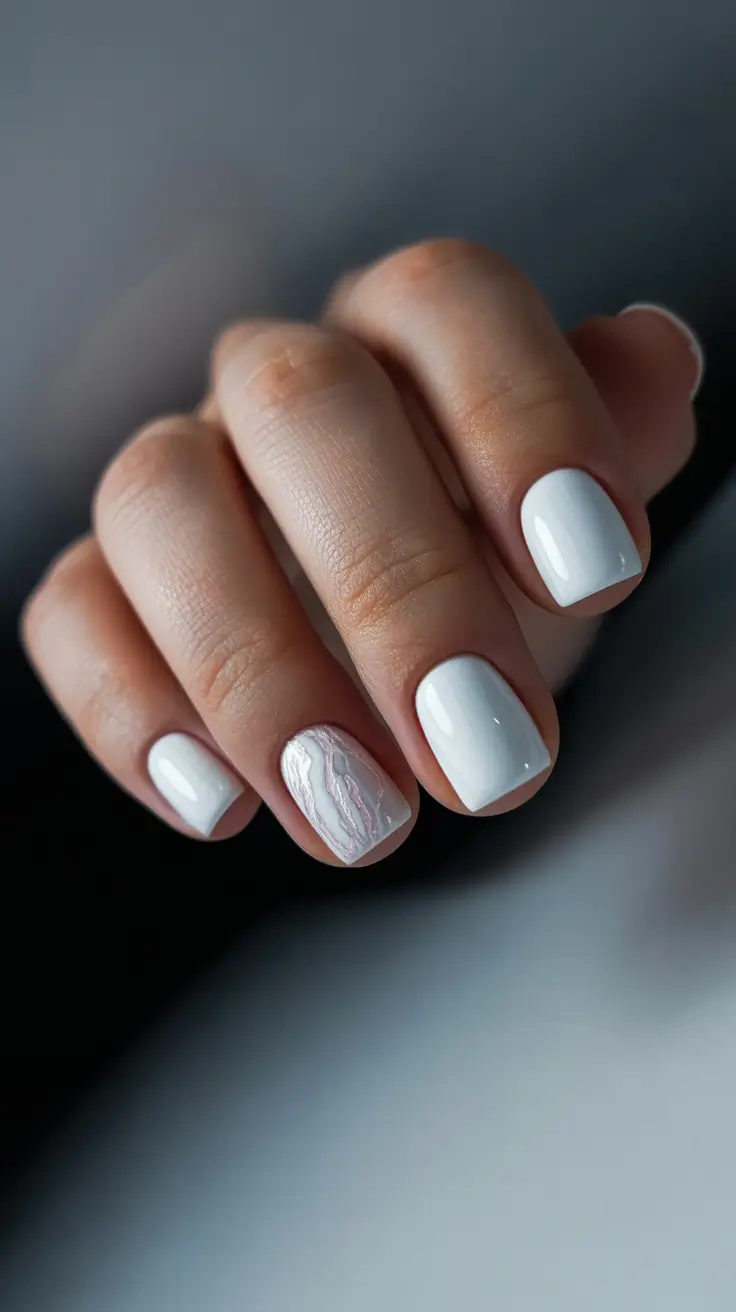 short nail designs 2026 Clean White Glow With Textured Accent