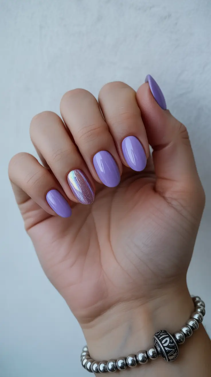 short nail designs 2026 Lavender Glow With a Holographic Accent