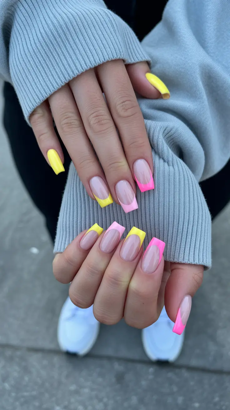 short nail designs 2026 Tutti-Frutti Summer French in Hot Pink and Lemon