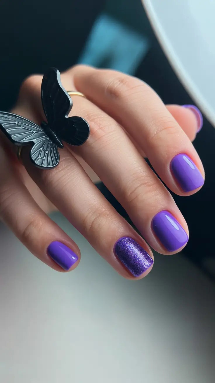 short nail designs 2026 Royal Purple Shine With a Glitter Accent