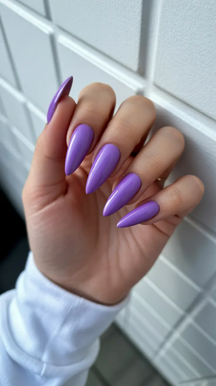 stylish gel nails 2026 Soft Lavender Stiletto Calm
