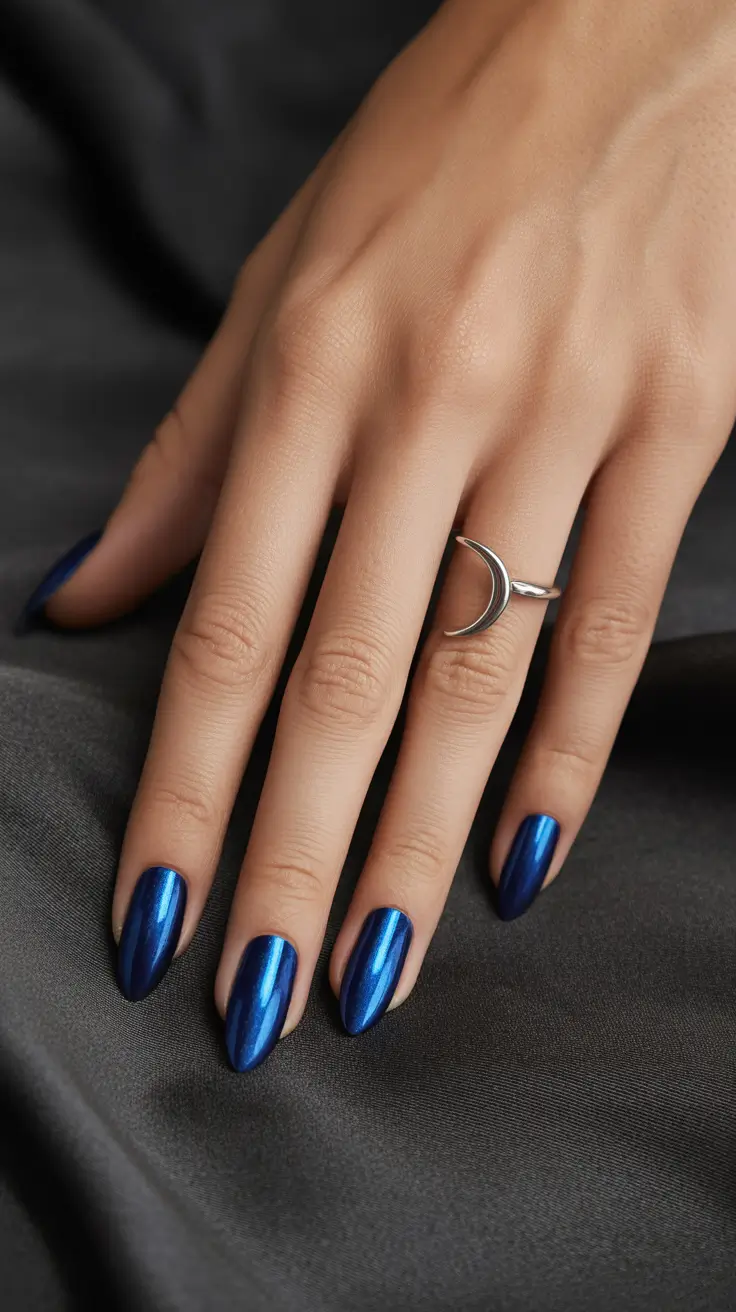 stylish gel nails 2026 Midnight Blue Metallic Elegance