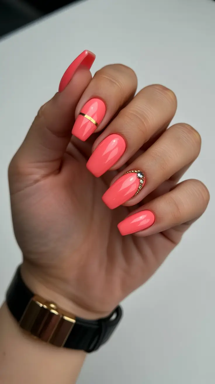 stylish gel nails 2026 Coral Shine with Gold Accents