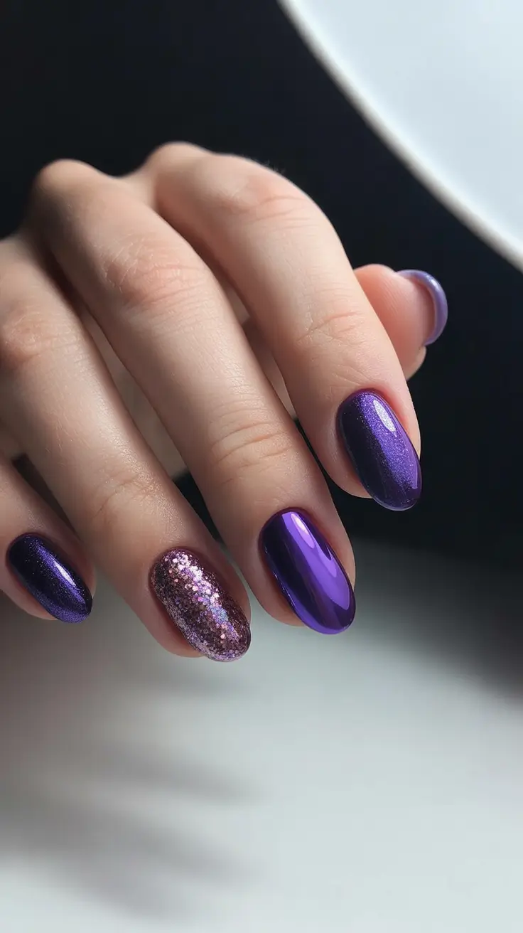 stylish gel nails 2026 Mixed Purple Textures for Modern Artistry