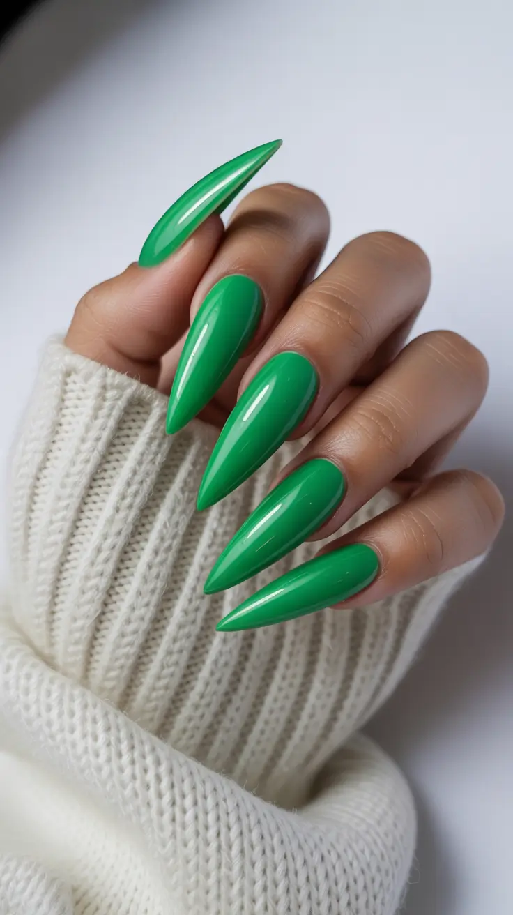 stylish gel nails 2026 Vivid Green Stiletto Energy