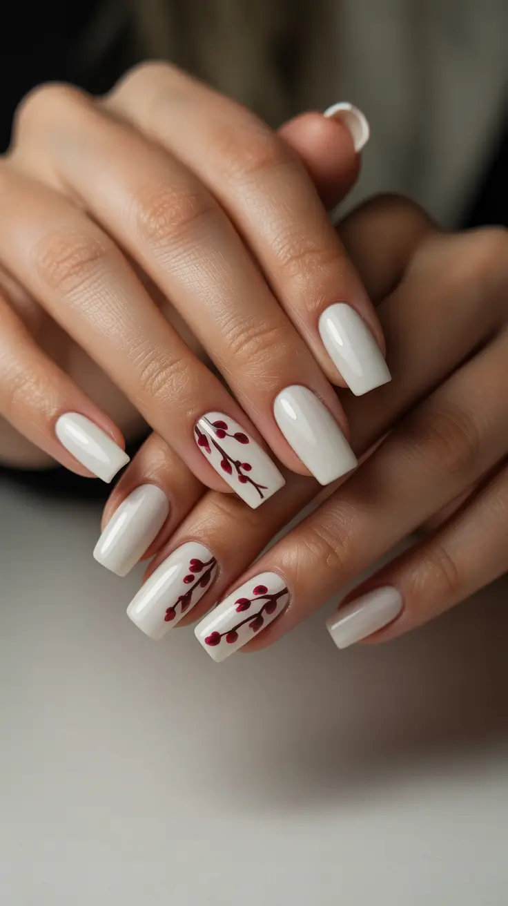 stylish gel nails 2026 Winter White with Soft Berry Art