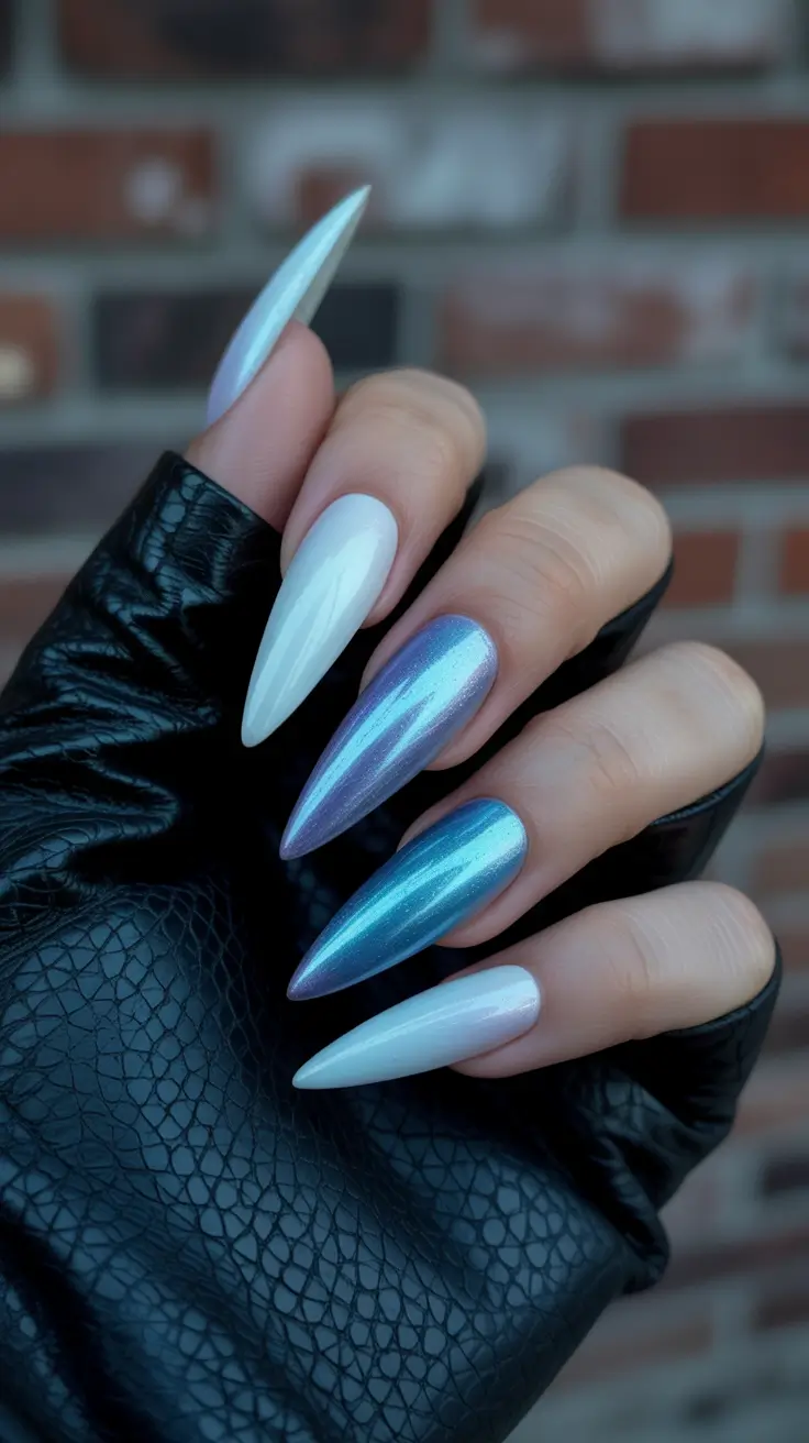 stylish gel nails 2026 Cool Frost Stiletto with Blues and Whites
