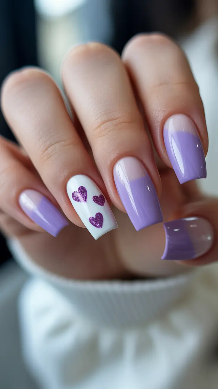 stylish gel nails 2026 Lavender Ombre Charm with Glitter Hearts