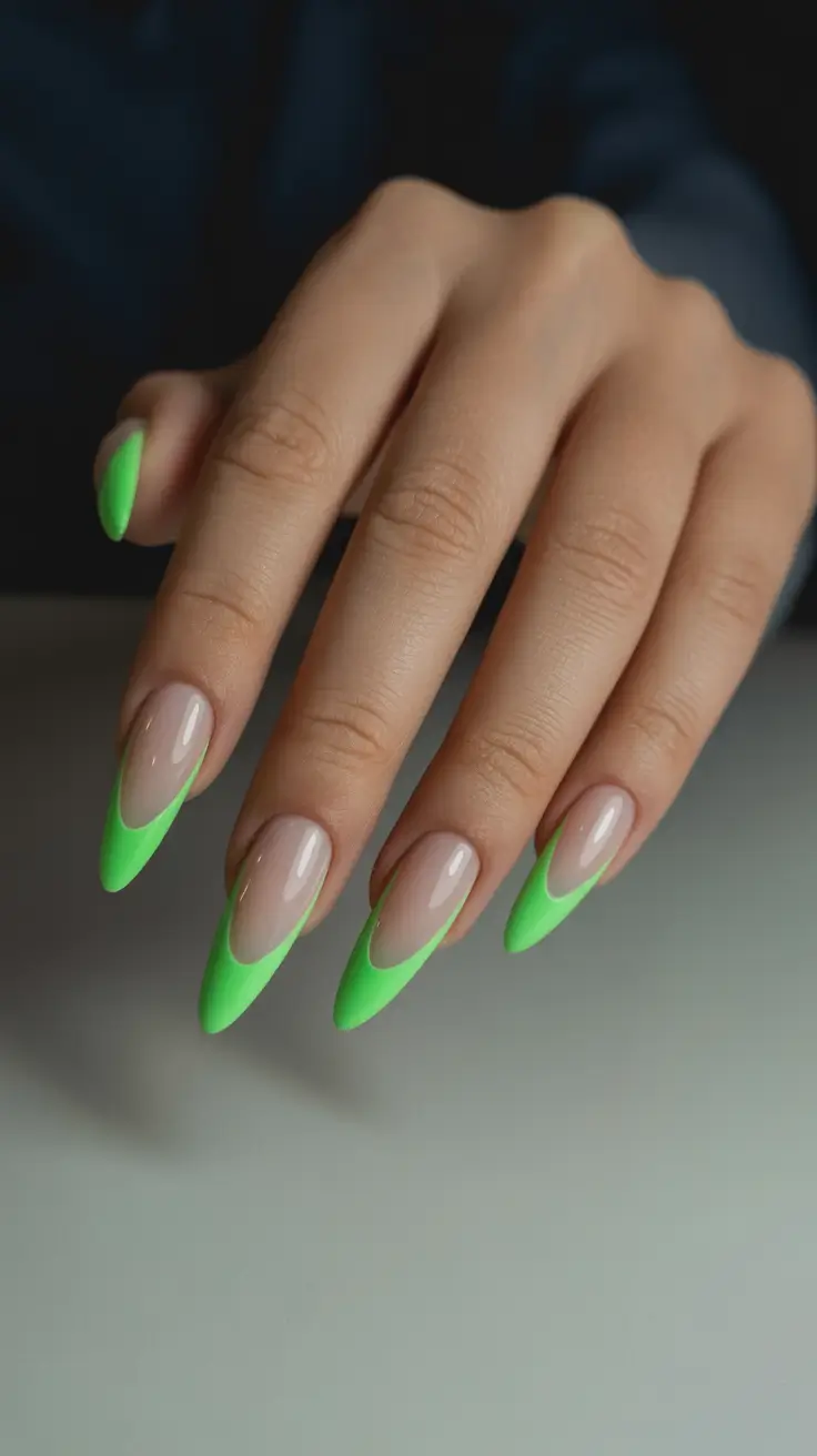 stylish gel nails 2026 Neon Green French Tips for a Futuristic Summer Twist