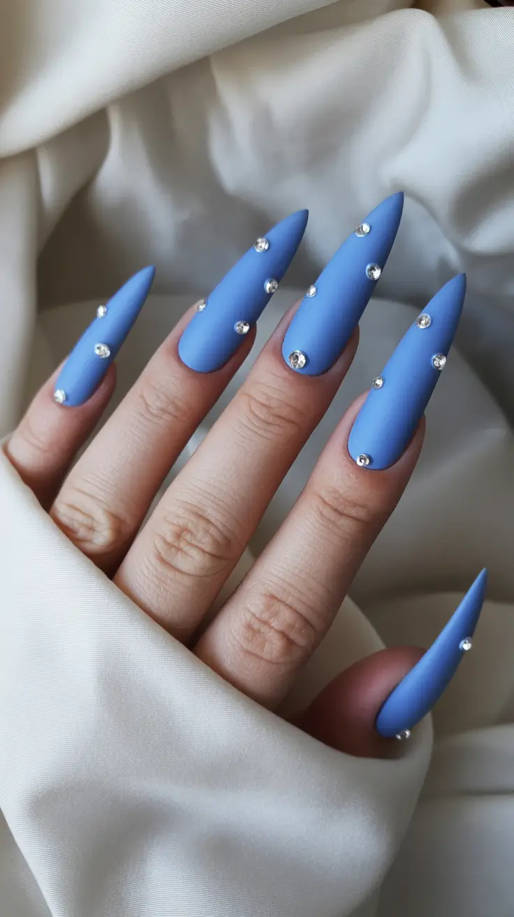 stiletto nails designs Matte Sky-Blue Stilettos with Crystal Stud Accents