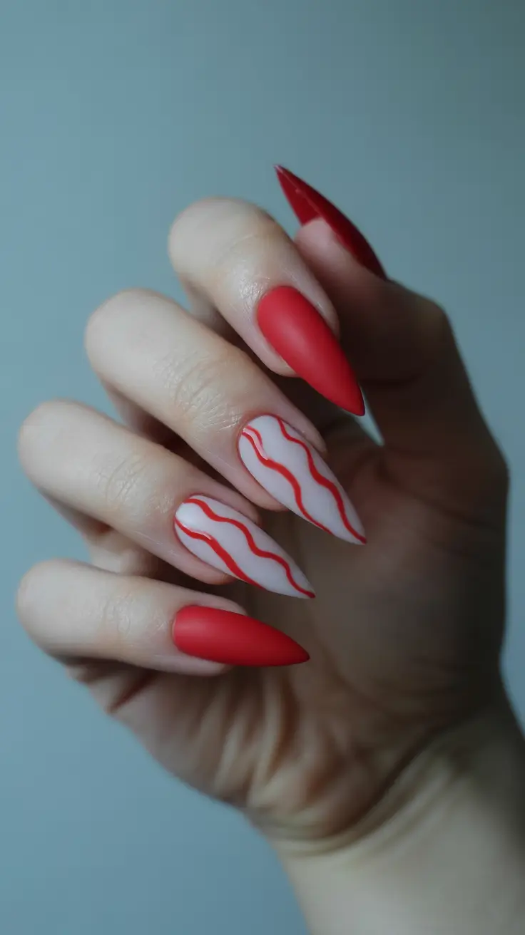 stiletto nails designs Vibrant Red Waves with Matte-And-Gloss Contrast
