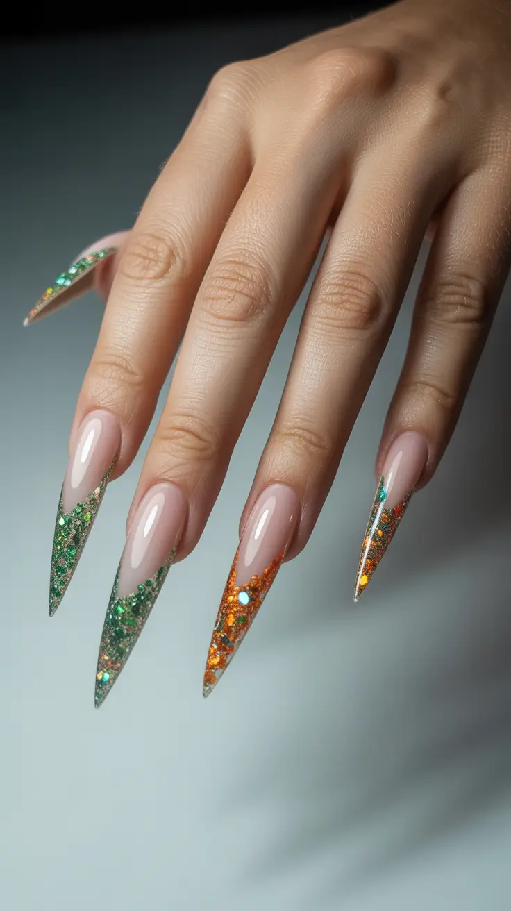stiletto nails designs Translucent Glitter Stilettos with Emerald-And-Gold Sparkle
