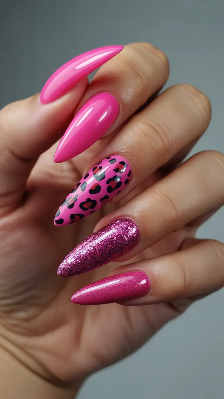 stiletto nails designs Hot Pink Glam with Leopard Pops and Glitter Shine