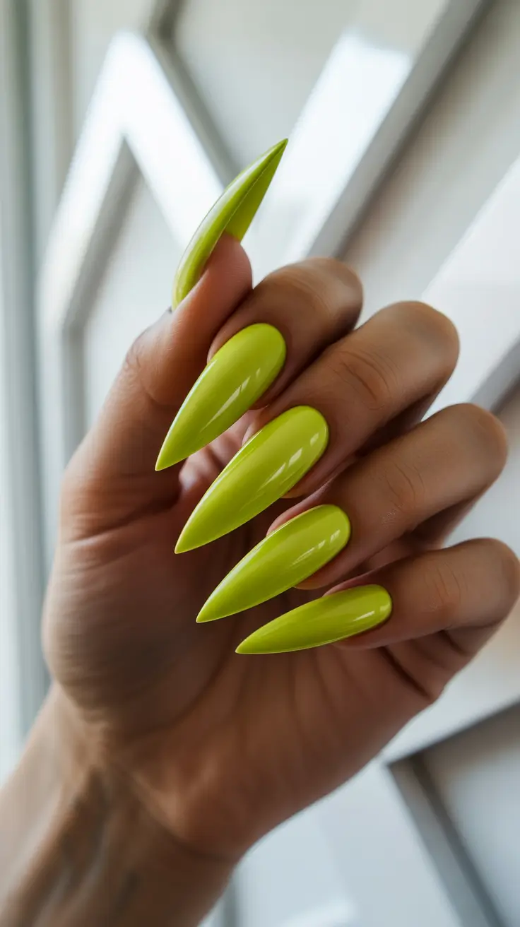 stiletto nails designs Vibrant Lime Gloss Stilettos with Cool-Toned Brightness