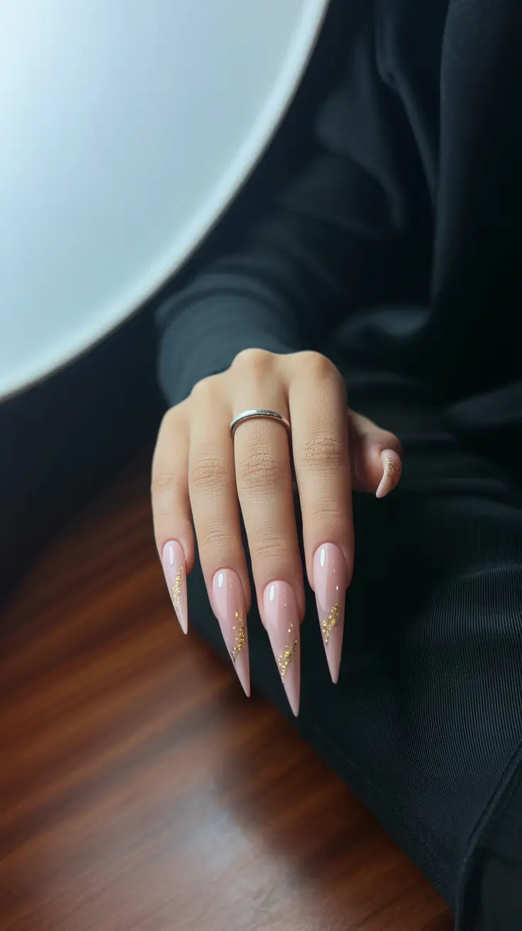 stiletto nails designs Soft Nude Stilettos with Gold Accent Speckling