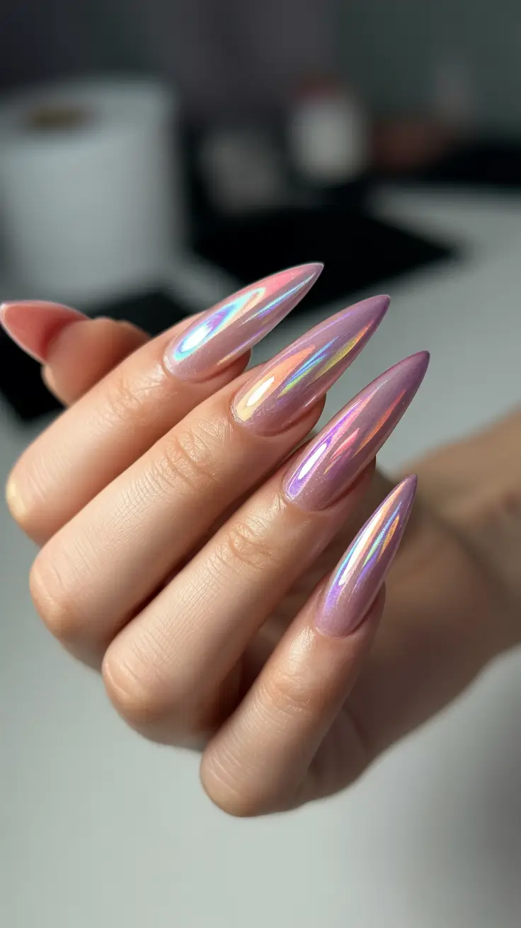 stiletto nails designs Iridescent Chrome Stilettos with Multidimensional Glow