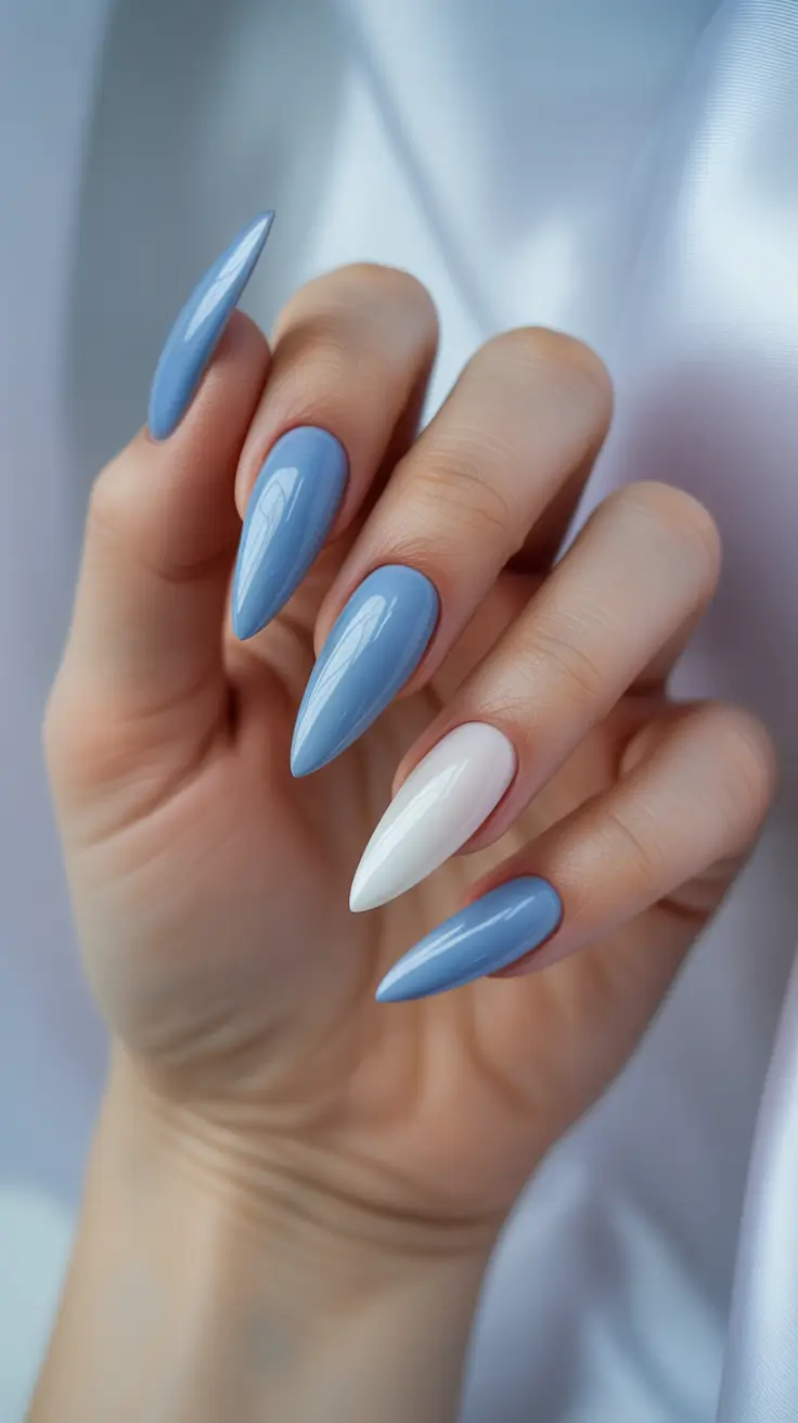 stiletto nails designs Periwinkle and Pearl White Stilettos with Soft Color Blocking