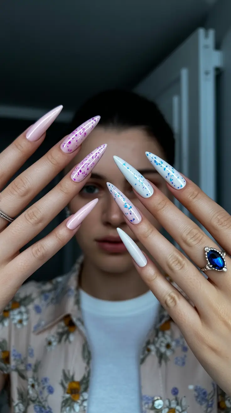 stiletto nails designs Soft Pastels with Confetti Sparkle Accents