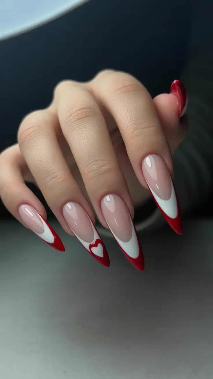 stiletto nails designs Bold Scarlet Curves with Heart-Tipped Detailing