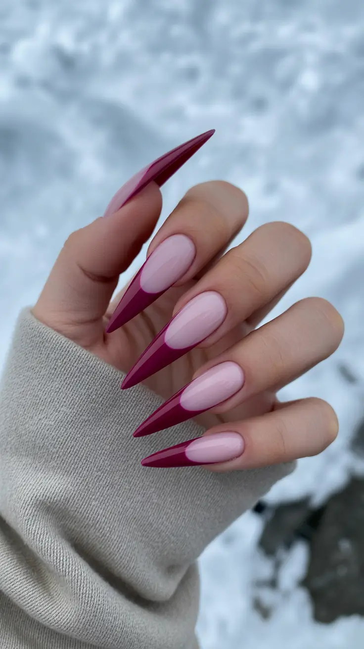 stiletto nails designs Berry-Dipped Stilettos with Soft Pink Warmth
