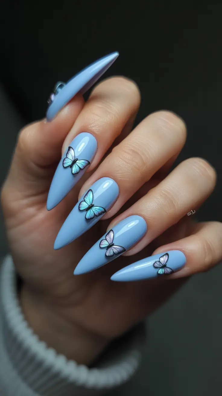 stiletto nails designs Sky-Blue Gloss with Dimensional Butterfly Accents