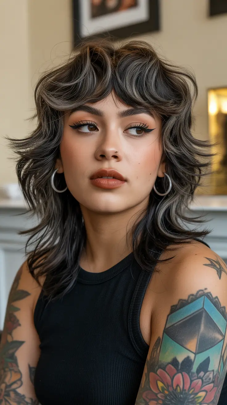 Stylish wolf haircut styles 2026 Grey-Accented Wolf Cut With Smoky Dimension