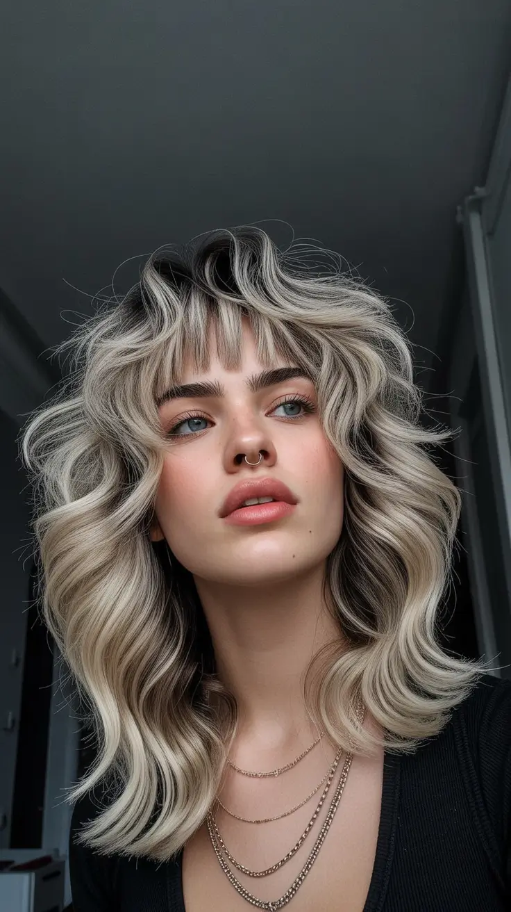 Stylish wolf haircut styles 2026 Platinum Wavy Wolf Cut With Graphic Fringe