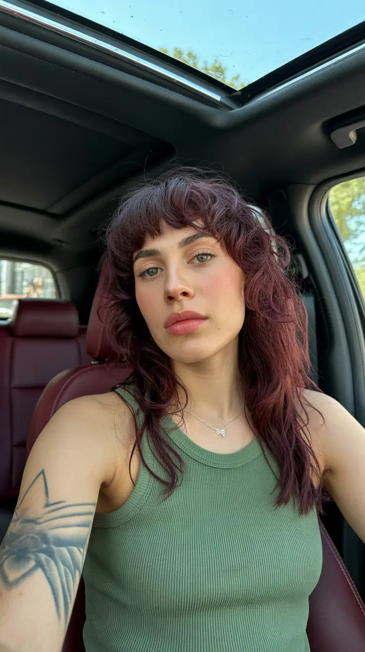 Stylish wolf haircut styles 2026 Warm Burgundy Wolf Cut With Soft Shag Movement