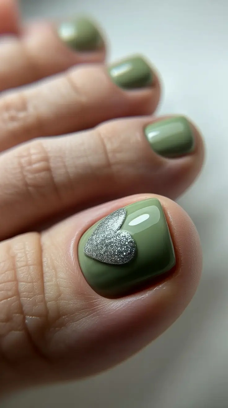 toe nail designs 2026 Soft Sage With a Silver Heart Accent