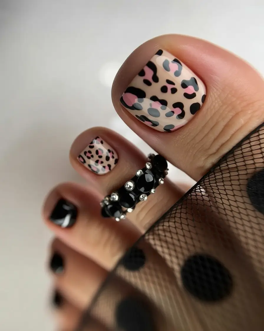 toe nail designs 2026 Soft Pink Leopard With Black Accents
